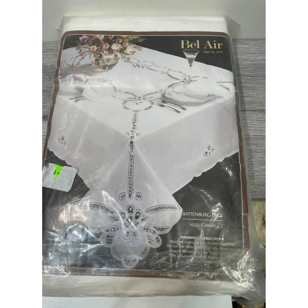 Bel Air White Battenburg Lace Tablecloth 66x102 Oblong 12 Napkins 100% Cotton